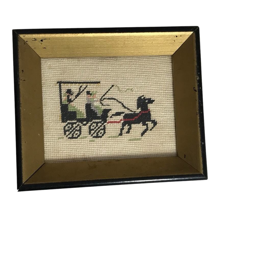 Vintage Small Amish Buggy Carriage Needlepoint Art in Gold Frame